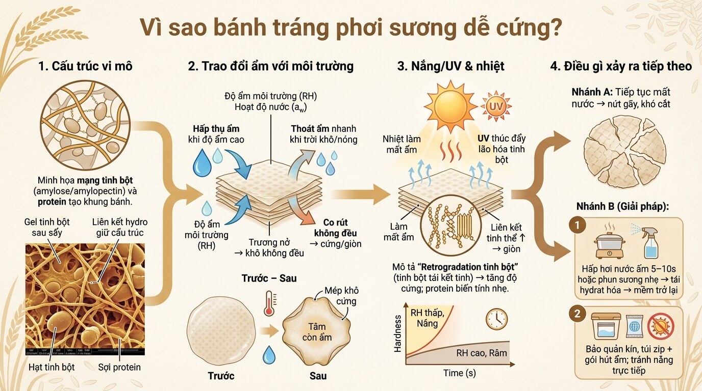 Tại sao Bánh tráng phơi sương lại dễ bị 'cứng đơ' sau khi mua về?