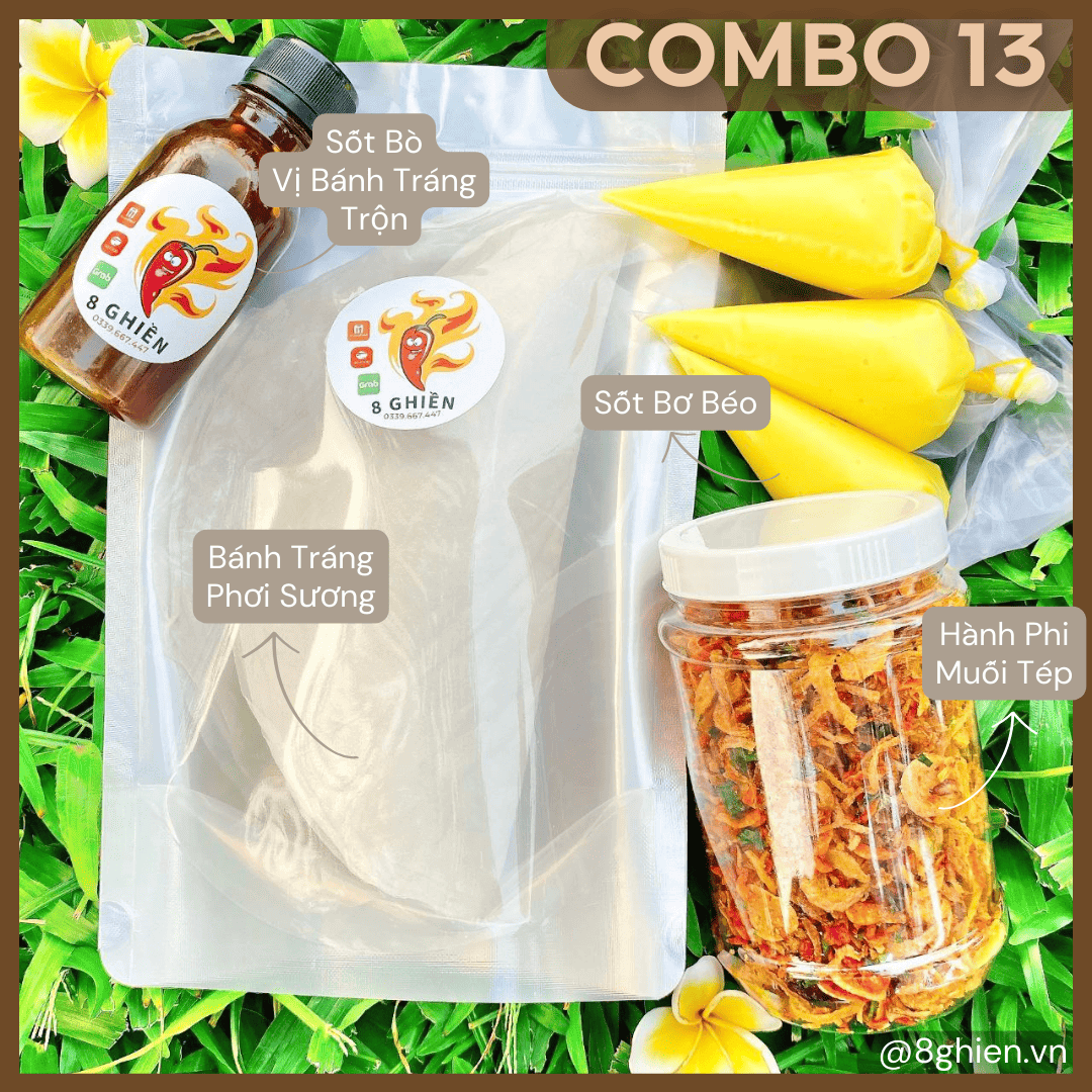 Bánh Tráng Phơi Sương, Hành Phi Muối Ruốc, Bơ Trứng Gà, Sốt Bò (Combo 13) Bánh Tráng Phơi Sương, Hành Phi Muối Ruốc, Bơ Trứng Gà, Sốt Bò (Combo 13)