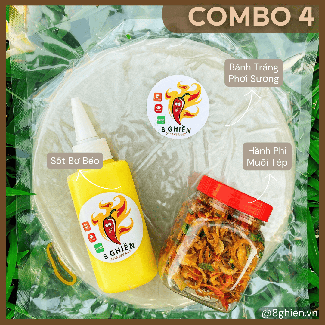 Bánh Tráng Phơi Sương sốt Bơ Chai, Hủ Hành Phi Muối Tép (Combo 4) Bánh Tráng Phơi Sương sốt Bơ Chai, Hủ Hành Phi Muối Tép (Combo 4) - Đặc Sản 8 Ghiền