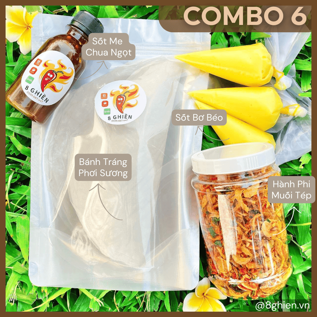 Bánh Tráng Phơi Sương, 3 Ống Bơ, Hành Phi Muối Tép TẶNG Chai Sốt Me (Combo 6) Bánh Tráng Phơi Sương, 3 Ống Bơ, Hành Phi Muối Tép TẶNG Chai Sốt Me (Combo 6) - Đặc Sản 8 Ghiền